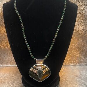 Jay King Dark Green Stone Pendant Necklace, Sterling. Silver, Statement Piece